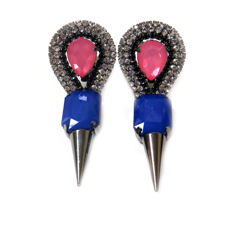 Spike Earring with Rhinestones, Fuschia & Blue, 3 inches - 1 piece