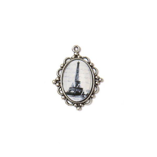 Eiffel Tower Cabochon Charm, Antique Silver, 38x29mm - 1 piece