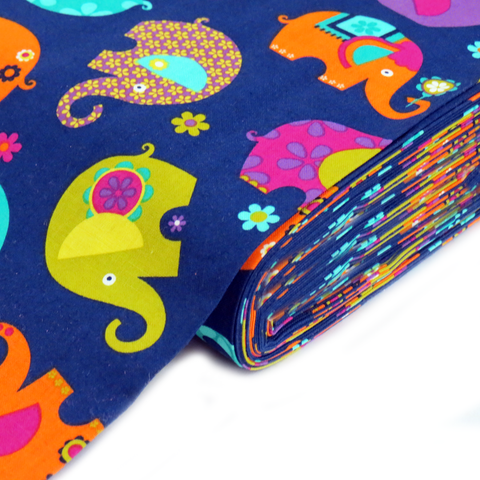 Elephant Cotton Print Fabric, Navy,  45" Wide- 1 Yard