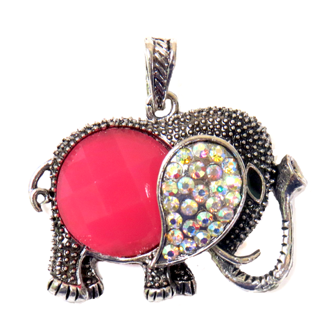 Fuschia Elephant Pendant with Rhinestones - Antique Silver