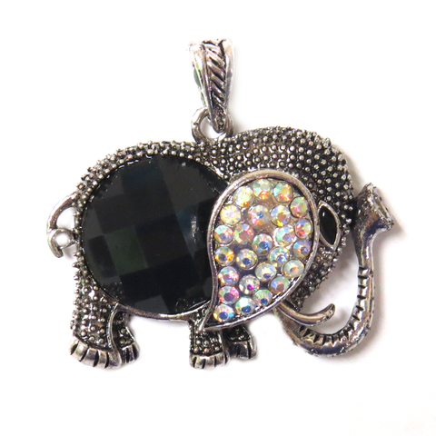 Black Elephant Pendant with Rhinestones - Antique Silver