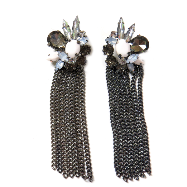 Elegant Earring Black & White with Chians, 3 inches - 1 piece