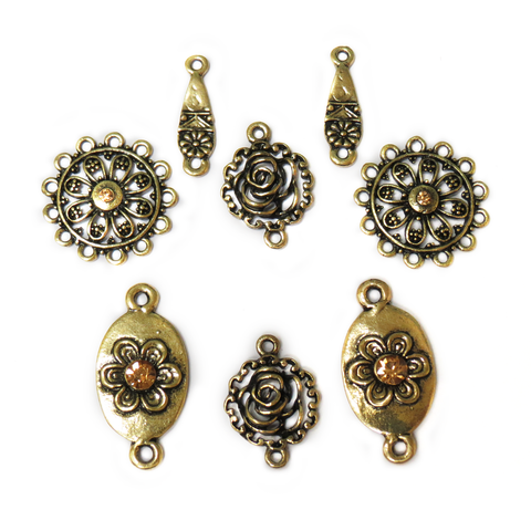 Flower with Orange Rhinestone, Antique Gold, 29x14mm; 8 pieces