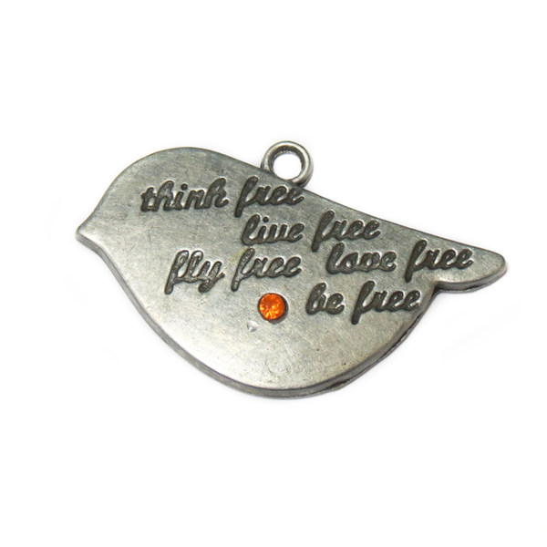 Free Bird with Orange Rhinestone Charm, Silver, 41x27mm; 1 piece