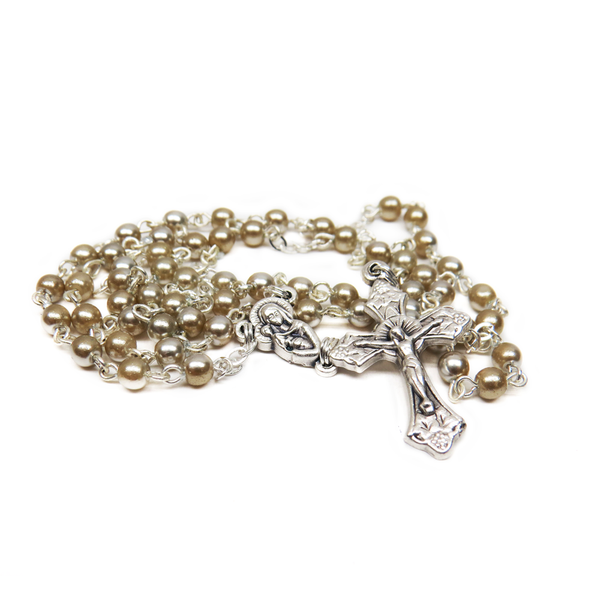 4mm Glass Pearl Italian Rosary, Light Bronze, 15" Long; 1 piece