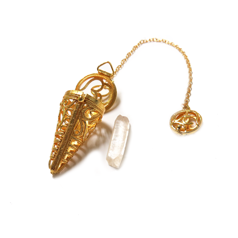 Crystal Quartz Pendulum with Cage - Gold
