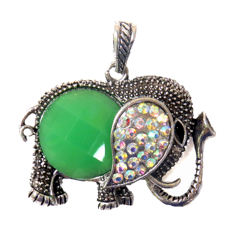 Green Elephant Pendant with Rhinestones - Antique Silver