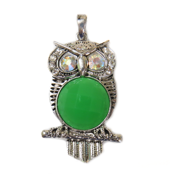Green Owl  Pendant with Rhinestones - Silver