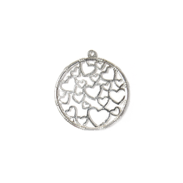 Round Charm with Hearts, Silver, 31mm - 1 piece