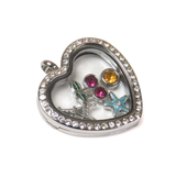 30mm Stainless Steel Heart Locket with Rhinestones; Silver
