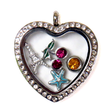 30mm Stainless Steel Heart Locket with Rhinestones; Silver