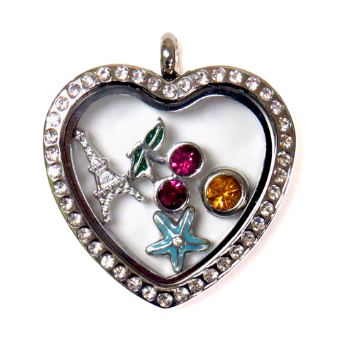30mm Stainless Steel Heart Locket with Rhinestones; Silver