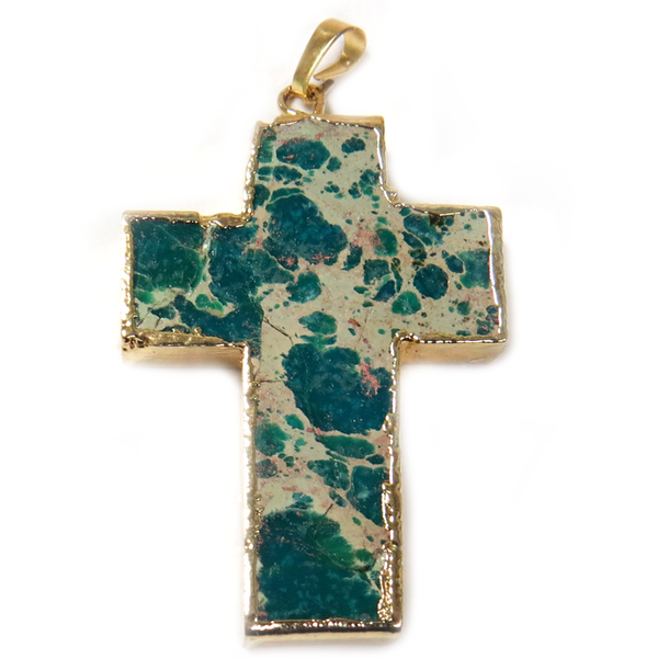 Green Jasper Cross Pendant, Gold, 50x23mm - 1 piece