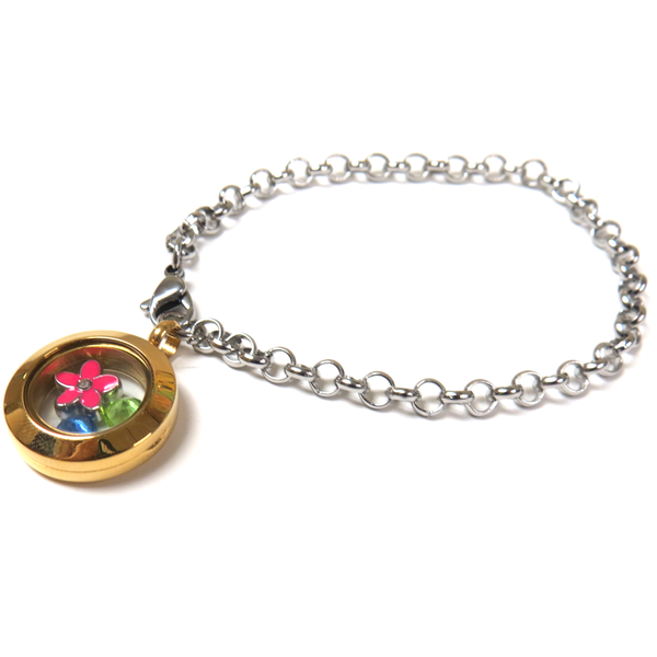 19mm Stainless Steel Round Locket Bracelet; Gold