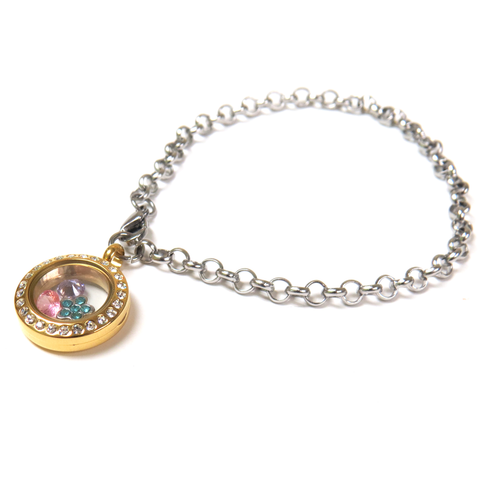 19mm Stainless Steel Round Locket Bracelet With Rhinestones;  Gold