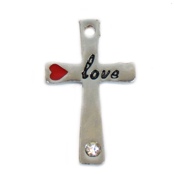 Cross with Love Message, Silver/Red, 24x14mm