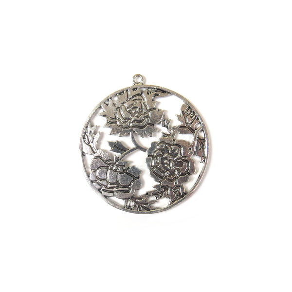 Round Charm with Flowers, Silver 45mm - 1 piece