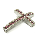 Cross with Pink Rhinestones Connector, 37x25mm, Silver; 1 piece