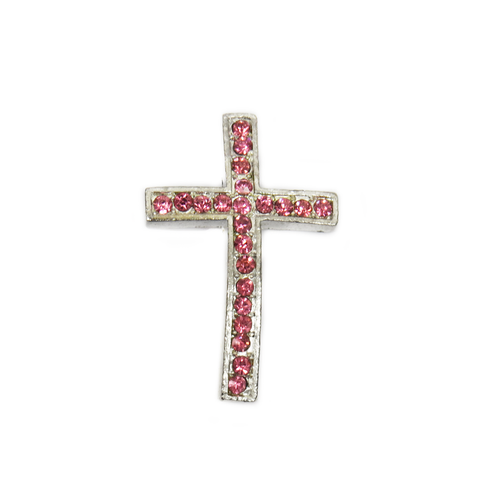 Cross with Pink Rhinestones Connector, 37x25mm, Silver; 1 piece