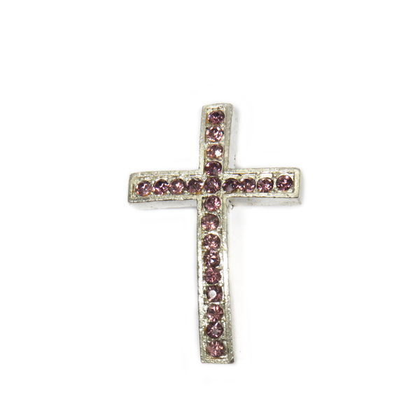 Cross with Purple Rhinestones Connector, 37x25mm, Silver; 1 piece