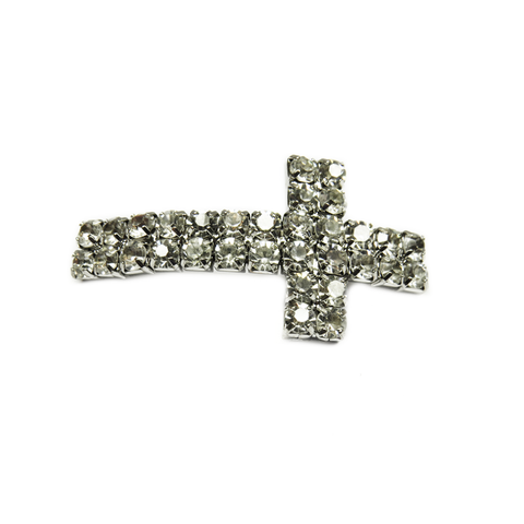 Cross with Clear Rhinestones Tube Connector, 50x25mm, Silver; 1 piece