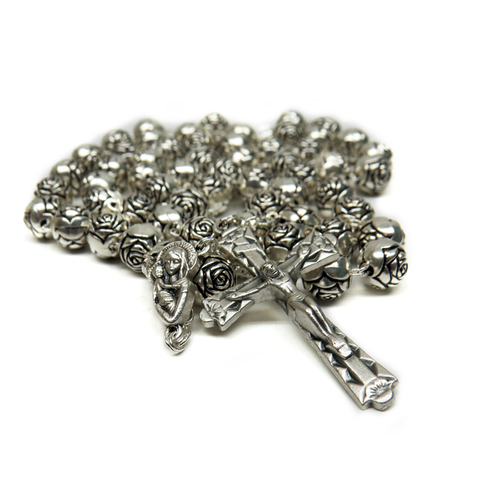8mm Roses Italian Rosary, Silver, 21" Long; 1 piece