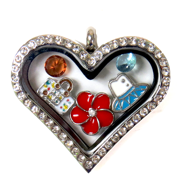 32 x 35mm Stainless Steel Heart Locket with Rhinestones; Silver