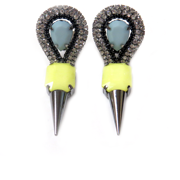 Spike Earring with Rhinestones, Yellow & Lignt Blue, 3 inches - 1 piece
