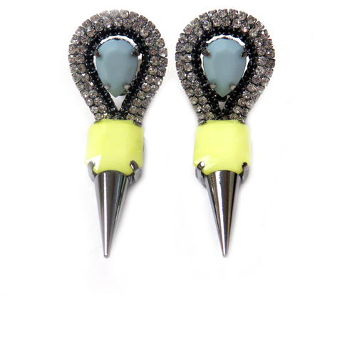 Spike Earring with Rhinestones, Yellow & Lignt Blue, 3 inches - 1 piece