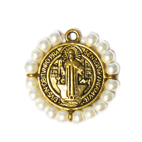 Saint Benedict Charm with Pearls, Gold, 28mm - 1 piece