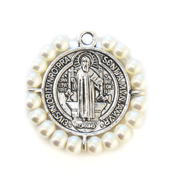 Saint Benedict Charm with Pearls, Silver, 28mm - 1 piece