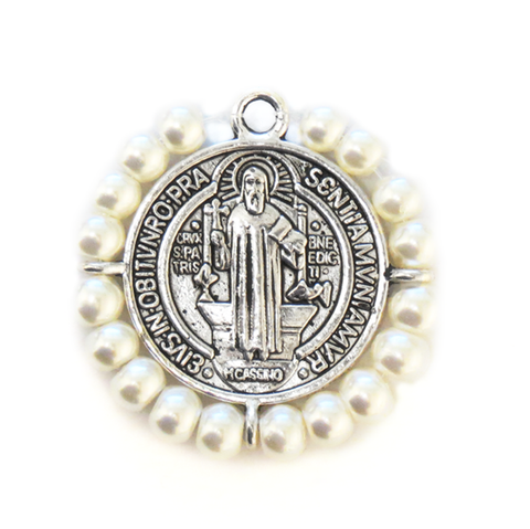 Saint Benedict Charm with Pearls, Silver, 28mm - 1 piece