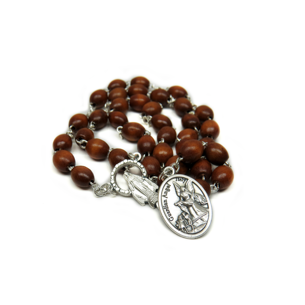 7mm Saint Michael Guardian Angel Italian Wood Rosary, Dark Brown, 14" Long; 1 piece