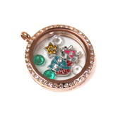 30mm Stainless Steel Round Locket with Rhinestones; Rose Gold