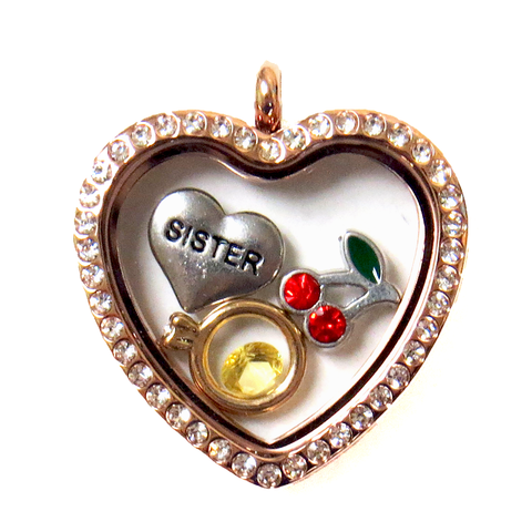 30mm Stainless Steel Heart Locket with Rhinestones; Rose Gold