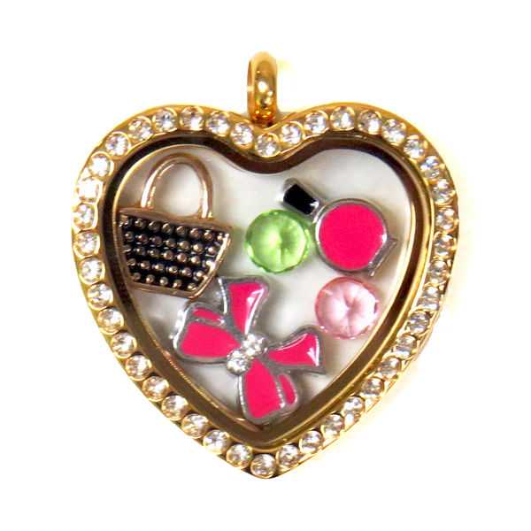 30mm Stainless Steel Heart Locket with Rhinestones; Gold