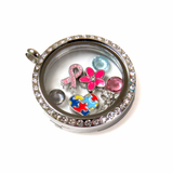 30mm Stainless Steel Round Locket with Rhinestones; Silver