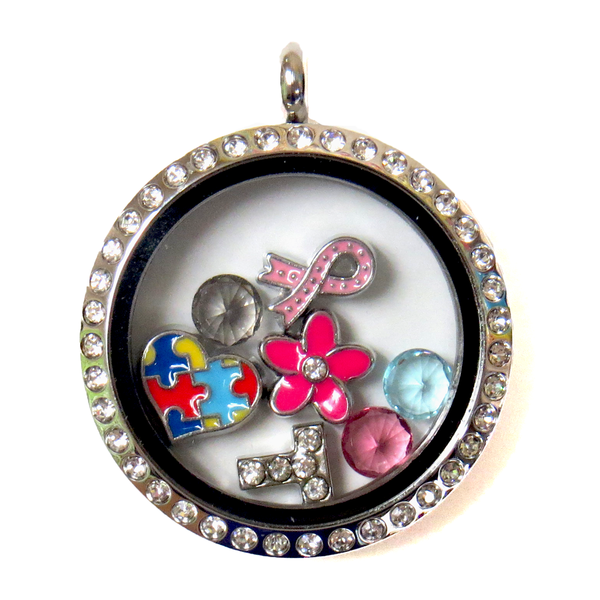 30mm Stainless Steel Round Locket with Rhinestones; Silver