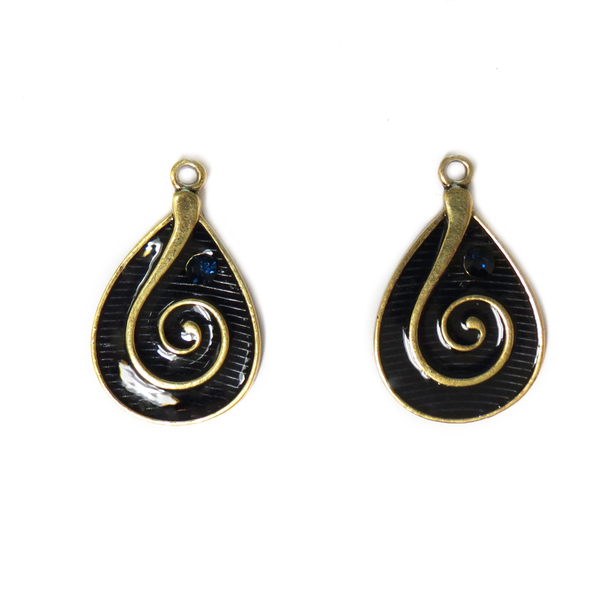 Swirl Drop with Rhinestone Charm, Dark Blue, 34mm; 1 package