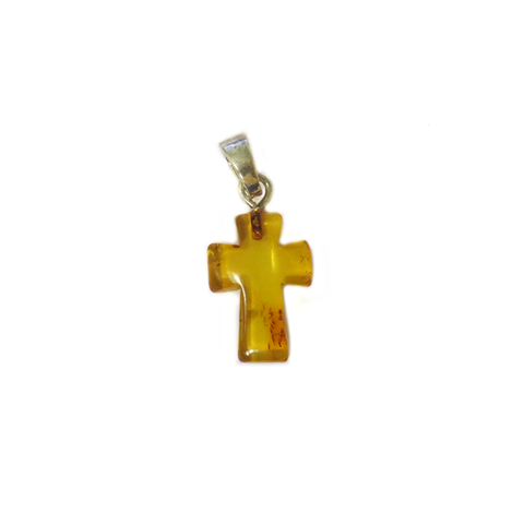 Topaz Genuine Amber Cross Pendant, Sterling Silver, 20x10mm; 1 piece