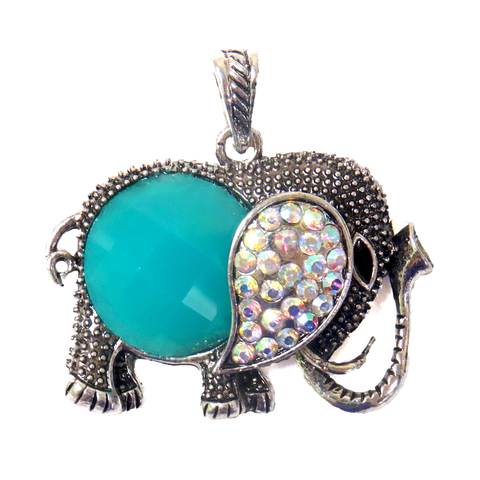 Turquoise Elephant Pendant with Rhinestones - Antique Silver