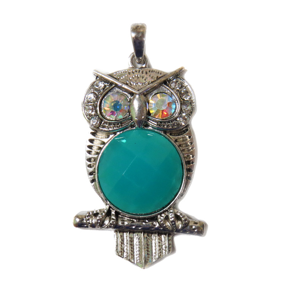 Turquoise Owl Pendant with Rhinestones - Silver