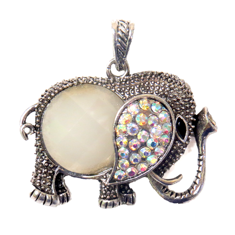 White Elephant Pendant with Rhinestones - Antique Silver