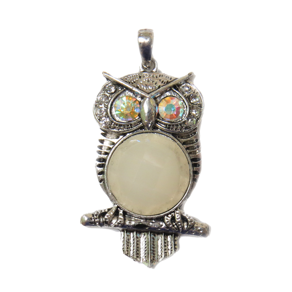 White Owl Pendant with Rhinestones - Silver