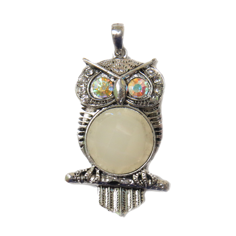 White Owl Pendant with Rhinestones - Silver